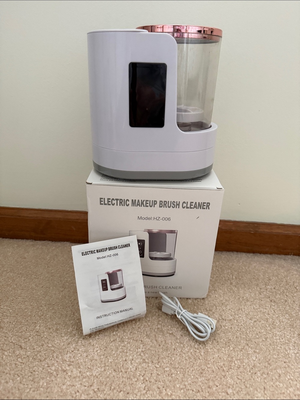 Electric Makeup Brush Cleaner in White with Rose Gold Accent